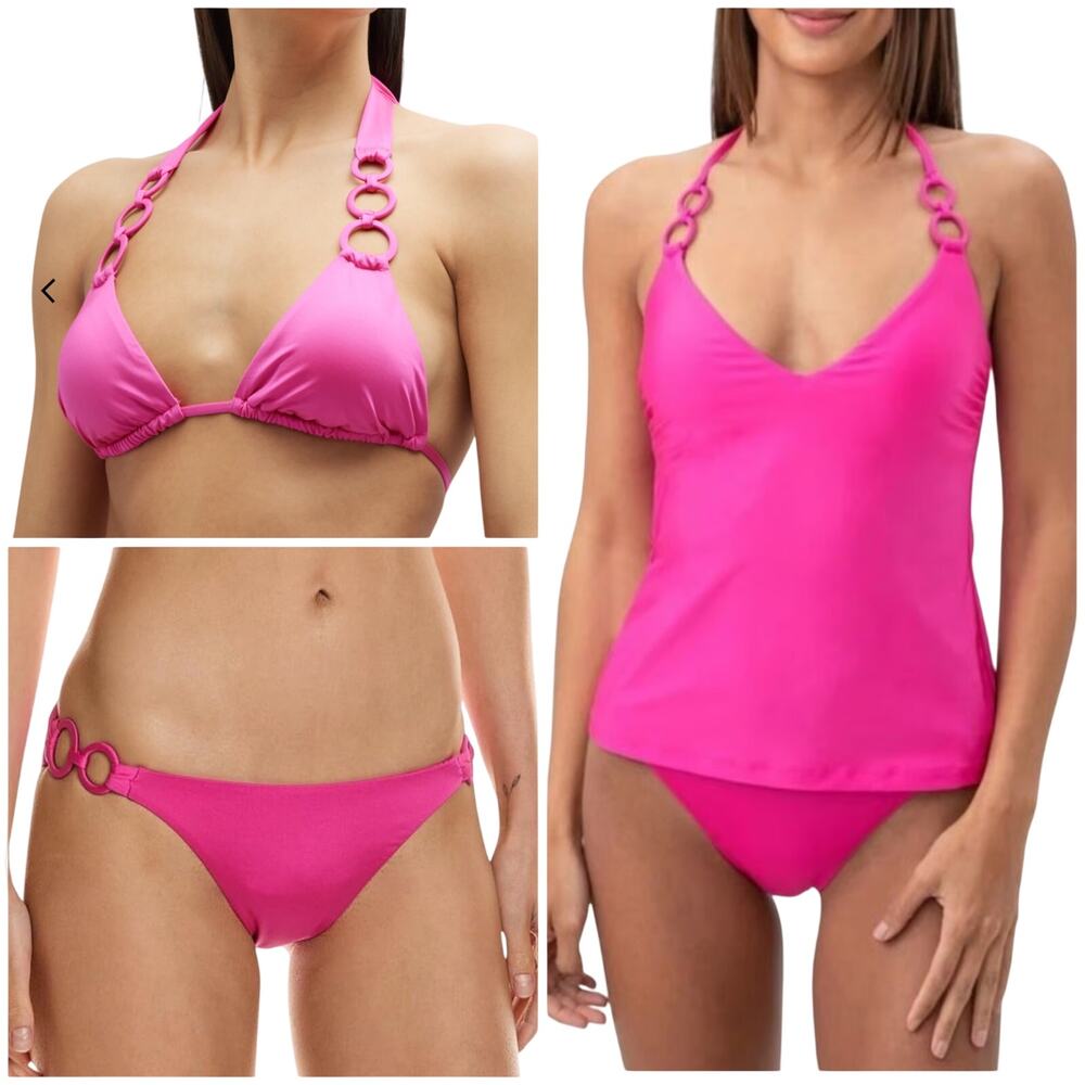 Trina Turk NWT Monaco Ring 3 Piece Halter & Triangle Bikini Set Pink Size 4